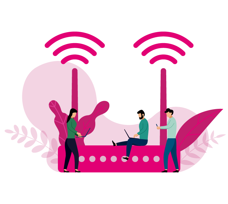 Animated group of boys and girls using smartphones, connecting to the internet through a large pink modem with pink signal waves, showcasing savings on NBN network plans.